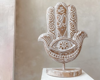 Handcrafted Hand of Fatima (Hamsa) Standing Decoration, Exotic Wood Boho Symbol for Protection and Positive Energy FATIMA