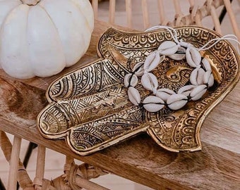 Brass Hamsa Hand Tray, Incense Holder, Incense Decorative Burner, Jewelry Storage, Concrete Handheld Incensed Stick Holder TANGAN