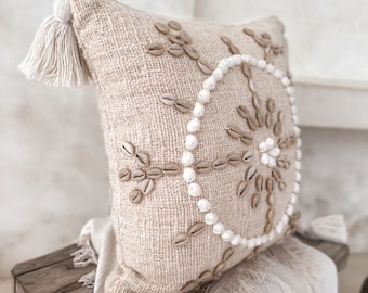 Bali Handwoven Pillowcase, Balinese Pillow Cover, Handmade Cushion Cover, Cotton Pillow Slip, Decorative Pillowcase with Seashells NUR