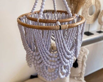 White Wood Beaded Lampshade, Bohemian Chandelier, Boho Pendant Light L