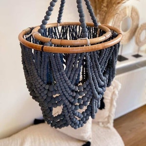 Abat-jour perlé en bois foncé, lustre Boho, suspension Boho, éclairage Boho, abat-jour naturel, lampe artisanale L