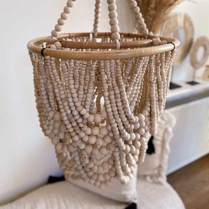 Beige Wood Beaded Lampshade, Bohemian Chandelier, Boho Pendant Light L