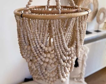 Pantalla de lámpara con cuentas de madera beige, lámpara de araña Boho, luz colgante Boho L