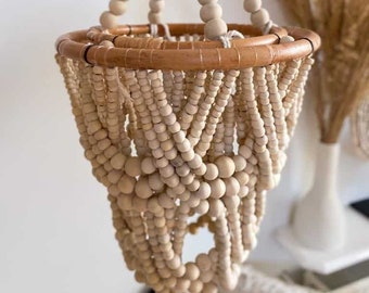 Pantalla de lámpara con cuentas de madera beige, lámpara de araña bohemia, luz colgante boho, iluminación bohemia, pantalla de lámpara natural, lámpara artesanal M