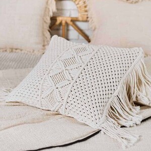 Beige Boho Throw Cotton Cushion Cover, Beige Decorative Woven cotton pillow, Handmade Cushion,White Tassel Cushions TIGA L