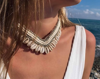 Gargantilla balinesa de conchas hecha a mano, auténtica joyería de conchas marinas, estilo bohemio playero, elaborada artesanalmente en Bali MEI.
