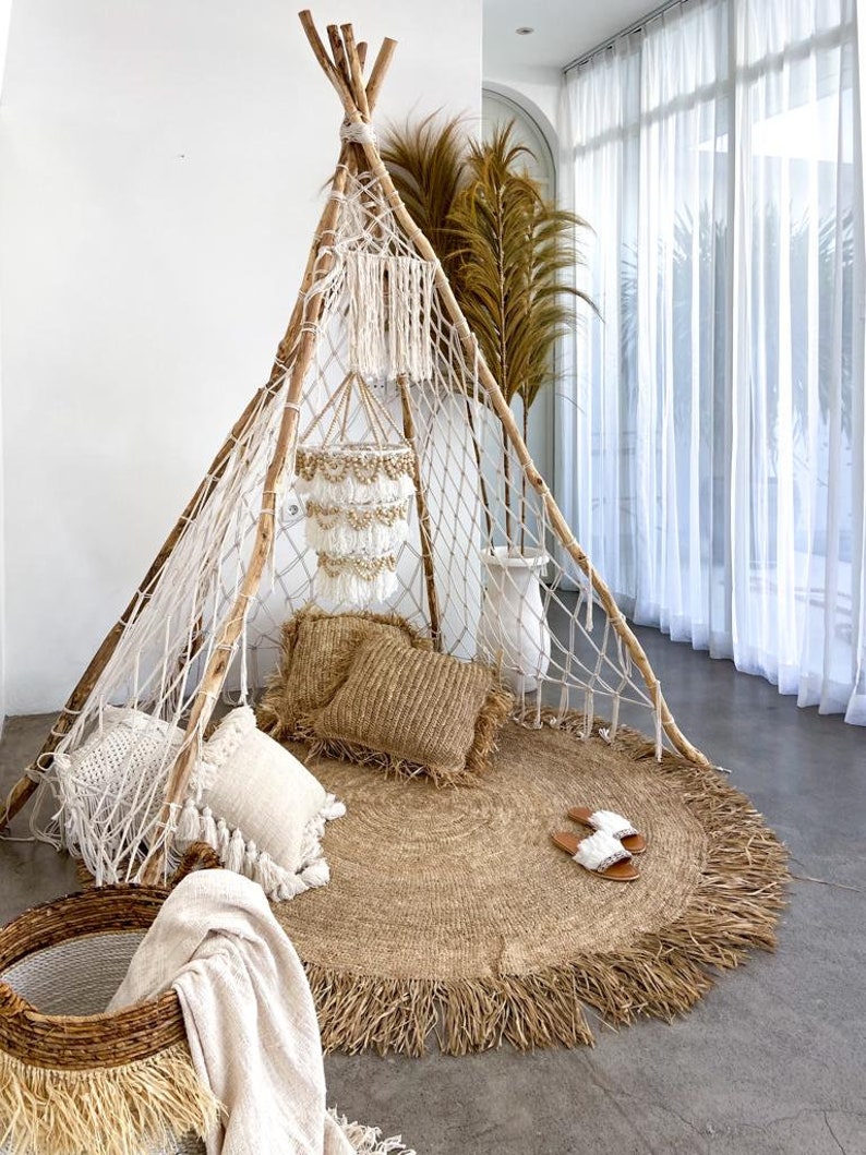 Round Rafia Rug, Woven Straw Natural Fiber Rug, Jute Rug, Hand Braided ...