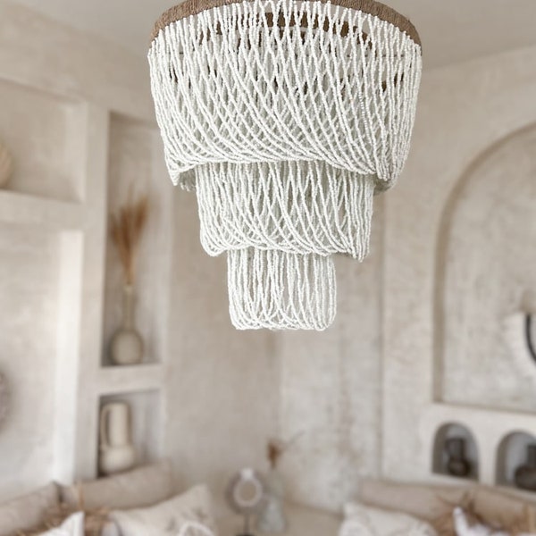 White Beaded Chandelier, Boho Beaded Chandelier, Boho lighting, Unique Light, Beaded Pendant Light, Boho decor INDAH