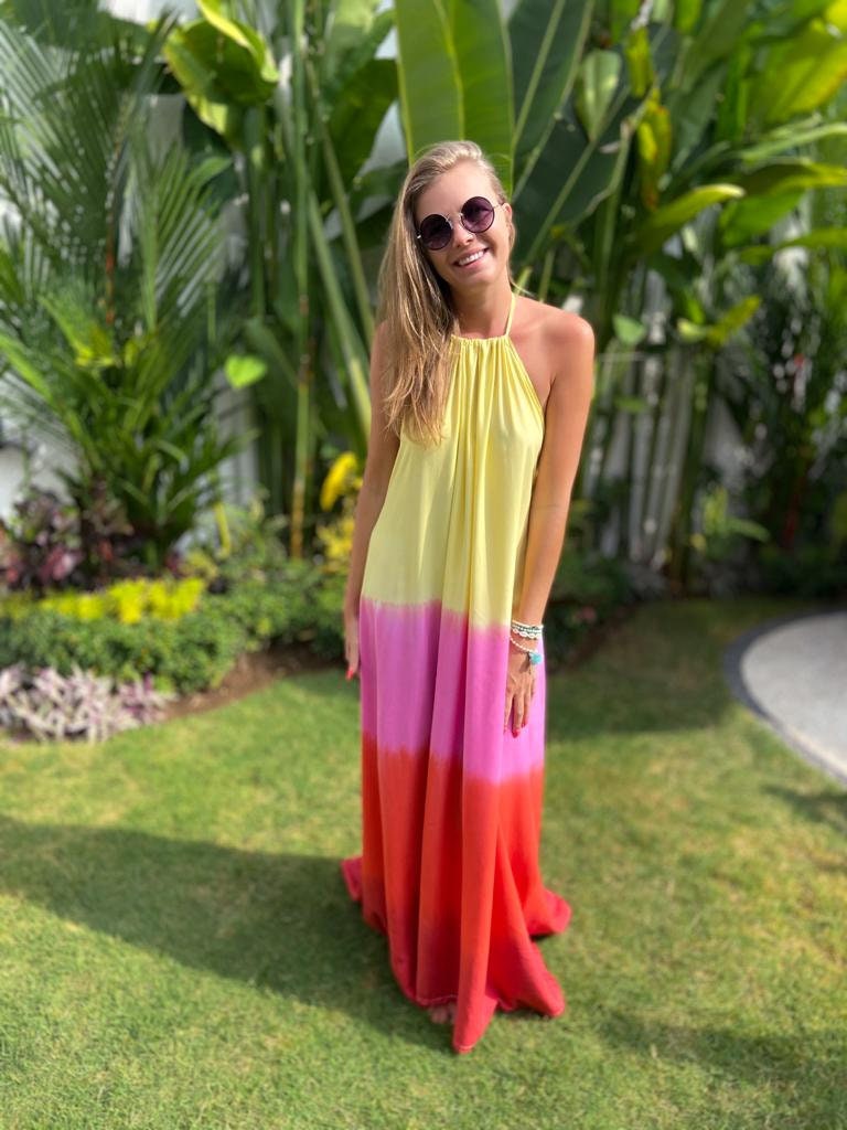 Rainbow Maxi Dress, Tie Dye Backless Summer Dress, Handmade Unique Beachwear, Boho Chic, Festival Outfit, Colorful Dress SUNSET S/M