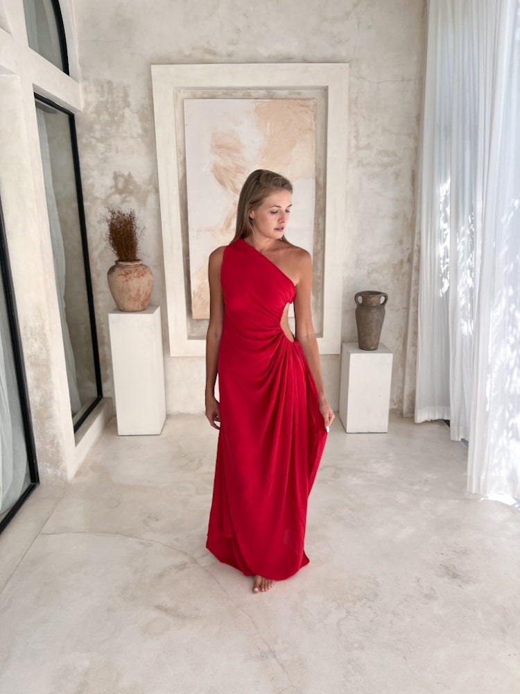 fitted lace wedding dress Flowy Red Chiffon Long Open Back Front Split Prom Dresses Fashion Dresses main image 0