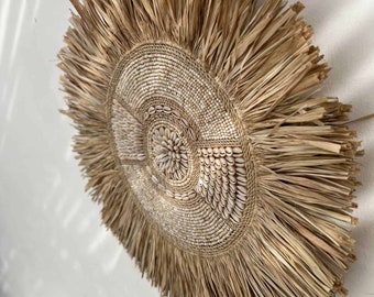 Handcrafted Boho Wall Hanging - Natural Cowrie Shell and Raffia Decor for a Unique Bohemian Touch, Handmade Home Decoration ABU