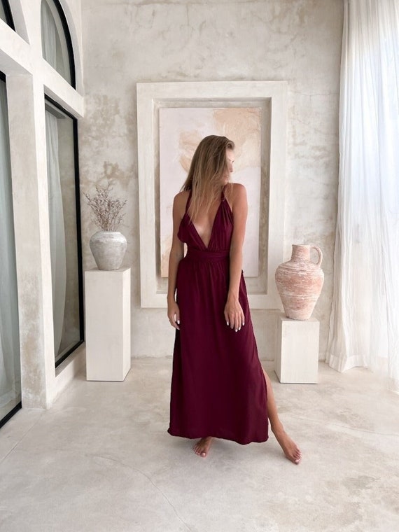 bohemian burgundy dress Burgundy Linen Maxi Dress with Pockets & Tie Waist, Long Sleeve