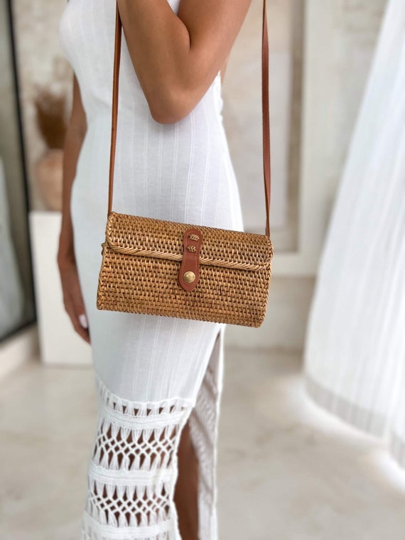 Bohemian Rattan Bag, Round Shoulder Bag, Natural Rattan Handbag, Eco-Friendly Bag, Boho Chic Bag, Long Rattan Clutch MOON