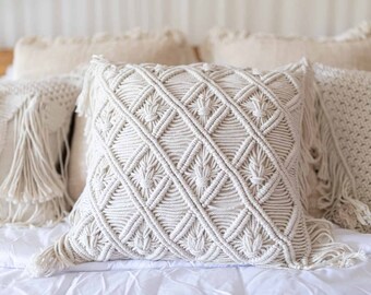 Beige Boho Throw Cotton Cushion Cover, Beige Decorative Woven cotton pillow, Handmade Cushion,White Tassel Cushions DUA