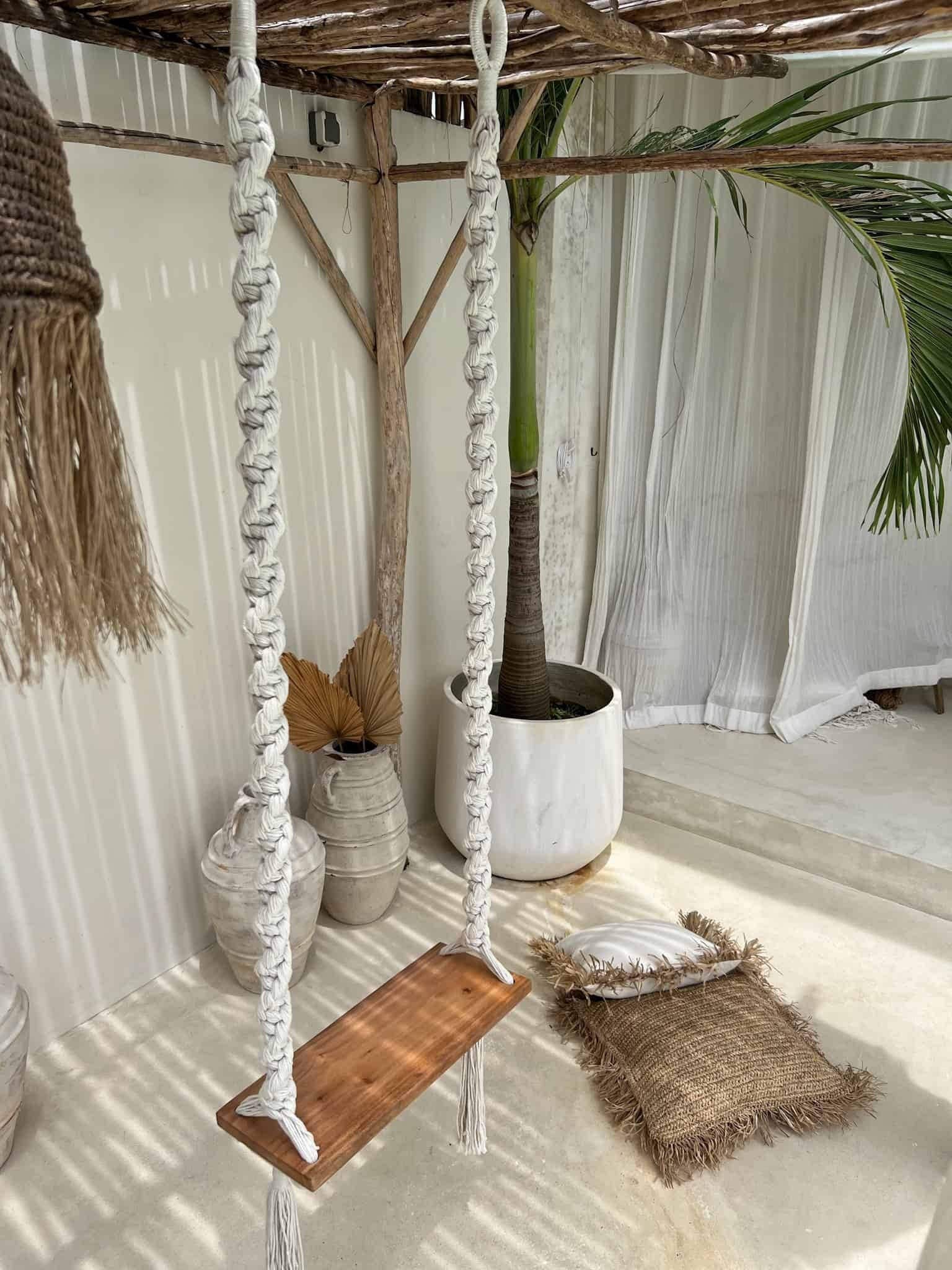 Handcrafted Boho Macrame Swing, Indoor/Outdoor Hanging Swing Made from Ablasia Wood and Cotton Rope, Balinese Decoration UBUD