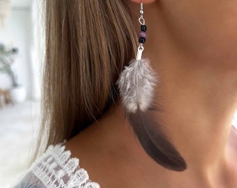 Dangle Earrings, Black Boho Earrings, Feather Earring, Boho Jewelry, Handmade Summer earrings, Black Jewelry MIA