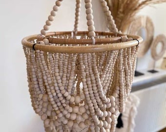 Beige Wood Beaded Lampshade, Bohemian Chandelier, Boho Pendant Light L