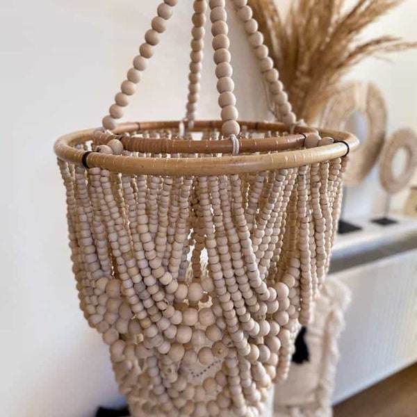 Beige Wood Beaded Lampshade, Bohemian Chandelier, Boho Pendant Light L