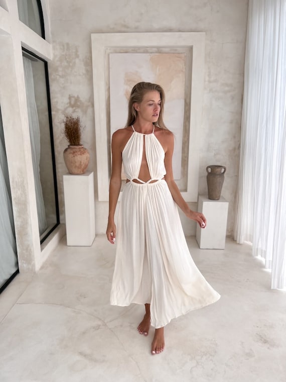 Maxi White Boho Dress, Long Summer Cream Maxi Dress, Breathable Fabric Wear, Comfortable Beach Maxi Dress, Boho Chic, Handmade Fashion SENTI