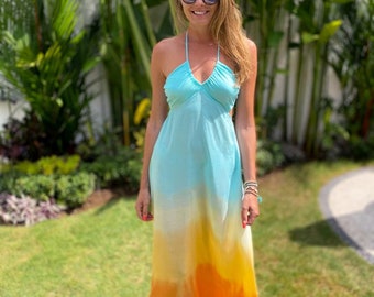 Rainbow Maxi Dress, Tie Dye Backless Summer Dress, Handmade Unique Beachwear, Boho Chic, Festival Outfit, Colorful Dress RAINBOW