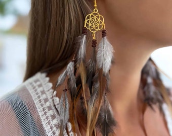 Dangle Earrings, Brown Boho Earrings, Feather Earring, Huge Unique Earrings, Boho Jewelry, Handmade Summer earrings MIA