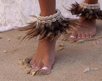 1 Piece | Feather Cowrie Shell Ankle Bracelet, Boho Seashell Anklet, Bohemian Feather Anklet, Beaded Anklet DARK