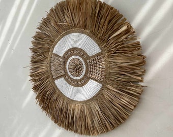 Handcrafted Boho Circular Wall Hanging, Unique Cowrie Shell and Raffia Decor, Coastal Decoration, Bohemian Home Style HADI