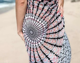 Chic Coral and Charcoal Intricate Mandala-Print Tie-Up Beach Pareo Women&#39;s Sarong Fashion-Forward Versatile Swimwear Summer Cover-Up MUNA