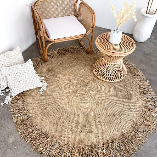 Round Rafia Rug, Woven Straw Natural Fiber Rug,  Jute Rug, Hand Braided Rafia Rug, Bohemian Rug