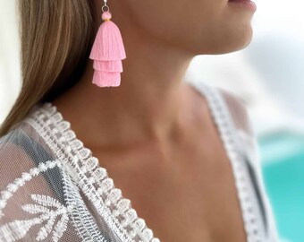 Pink Long Earrings,Tassel earrings, Fringe earrings, Boho Jewelry, Summer Earrings, Hippie Tassel Dangles, Boho Macrame Earrings SISI