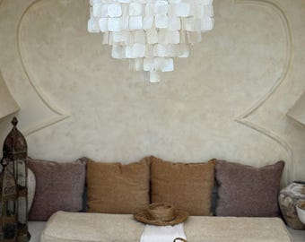 Hanging Capiz Shell Pendant Light Handmade in Bali Round Flat Ceiling Lamp Natural Glow for Living Room or Bedroom 46 cm FLAT