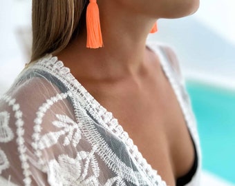 Orange Long Earrings,Tassel earrings, Fringe earrings, Boho Jewelry, Summer Earrings, Hippie Tassel Dangles, Boho Macrame Earrings KAMI