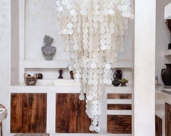 XL Capiz Shell Chandelier Handmade in Bali Statement Pendant Light for High Ceilings Natural Boho Glam Lighting 70 x 140 cm BIG