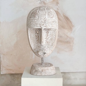 Hand Carved African Style Mask on Stand Exotic Wood Tribal Decor from Bali Boho Shelf or Console Accent Sculpture SONA