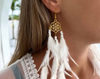 Dangle Earrings, White Boho Earrings, Feather Earring, Boho Jewelry, Wedding Accessories, Handmade Summer earrings MIA
