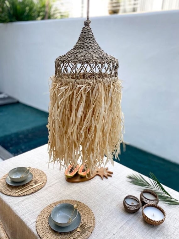Boho Lampshade | Handmade Pendant Light | Jute Fringe Chandelier | Hanging Lamp Natural | Beach Style Light Fixture, Wicker Lampshade ALIF