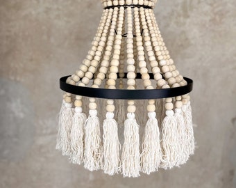 Bead Chandelier Boho | Pendant Lamp with Beads | Wood Beaded Chandelier Pendant | Boho chandelier with beads RAYA