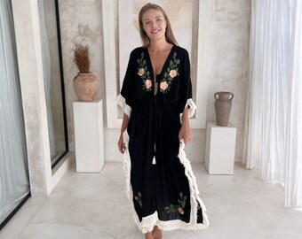 Black Beach Cover-up with Fringe, Boho Unique Beachwear, Summer Elegant Kimono, Bohemian Chic, Handmade Cover-up, Festival Outfit MIA