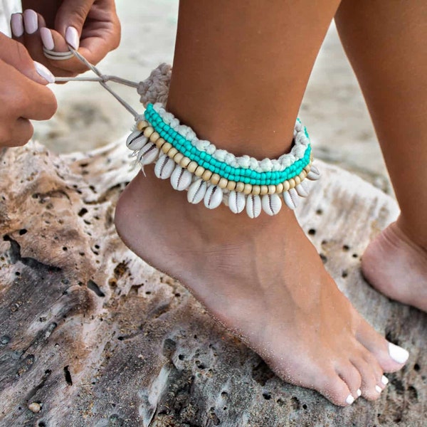 Bracciale alla caviglia Cowrie Shell, cavigliera Boho Seashell, cavigliera estiva Boho, cavigliera di perline, Boho Beach cavigliera menta