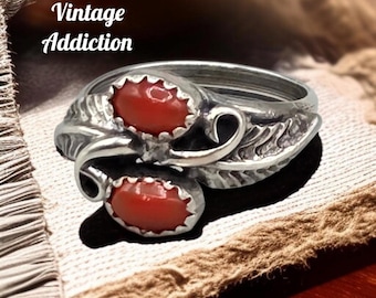 Harry Yazzie Navajo Sterling Silver Coral Blossom Leaf Ring Sz 7