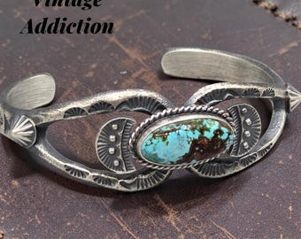 Navajo K. Billah Water Web Kingman Turquoise Cast Sterling Native Cuff Bracelet