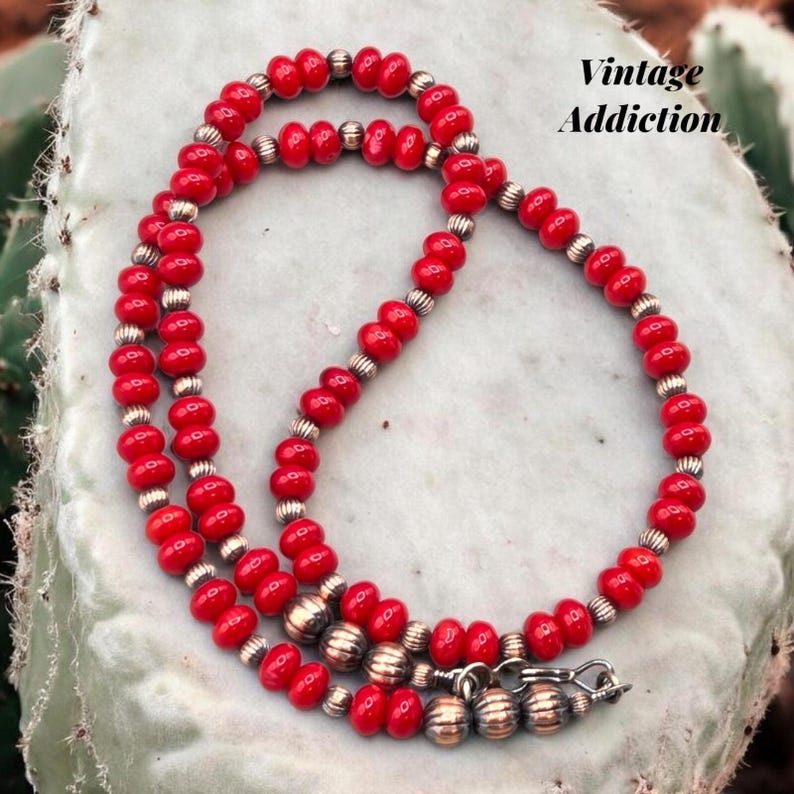 20" Coral Copper Navajo Pearl Necklace Southwest Fluted Native Squash Pawn image 1