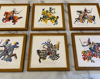 Vintage transfer print framed tiles medieval knights