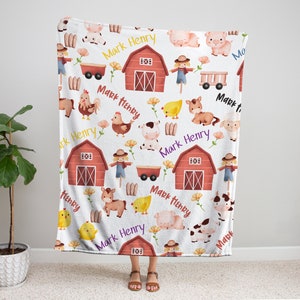 Couverture pour enfants de la ferme, couverture personnalisée pour bébé, cadeau de pépinière de grange, couverture de nom personnalisé, couverture d&#39;animaux de la ferme, thème de la ferme, literie pour tout-petits