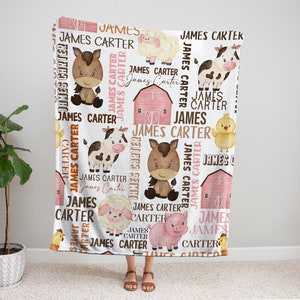Couverture de fille de ferme, couverture personnalisée de bébé, cadeau de pépinière de grange, couverture personnalisée de nom, couverture d&#39;animaux de ferme, thème de ferme, literie d&#39;enfant en bas âge