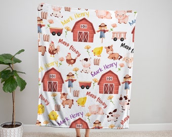 Farm Kids Blanket, Personalized Baby Blanket, Barn Nursery Gift, Custom Name Blanket, Farm Animals Blanket, Farm Theme, Toddler Bedding