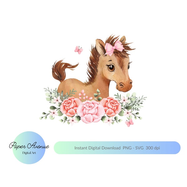 Horse with pink flowers PNG, Horse Sublimation Design, T-shirt transfer design PNG, Horse with pink flowers PNG, Clip art Animals, Girl