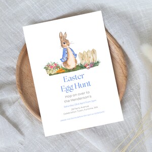 Invitación de búsqueda de huevos de Pascua, invitación de conejito, invitación de Pascua, invitación de Peter Rabbit, plantilla editable de huevos de Pascua, invitación de Peter Rabbit