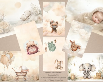 New Baby Neutral 20 Watercolour Scrapbook Backgrounds, New Baby Digital Papers, Baby Memories Neutral Colours, Cute Animals Digital Papers