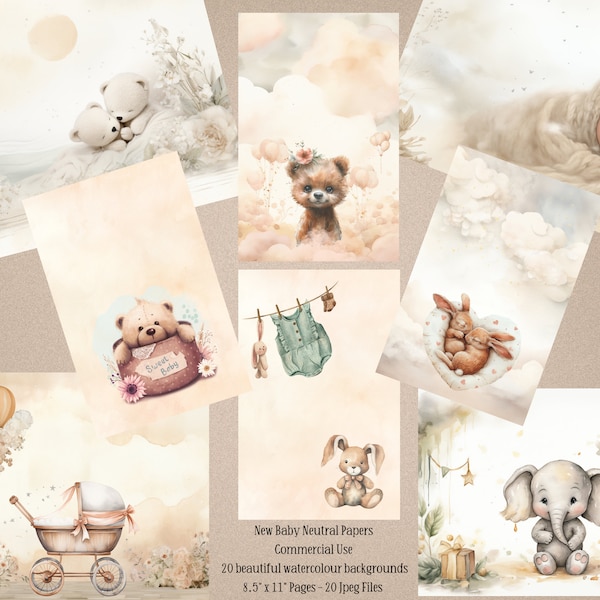 New Baby Neutral 20 Watercolour Scrapbook Backgrounds, New Baby Digital Papers, Baby Memories Neutral Colours, Cute Animals Digital Papers
